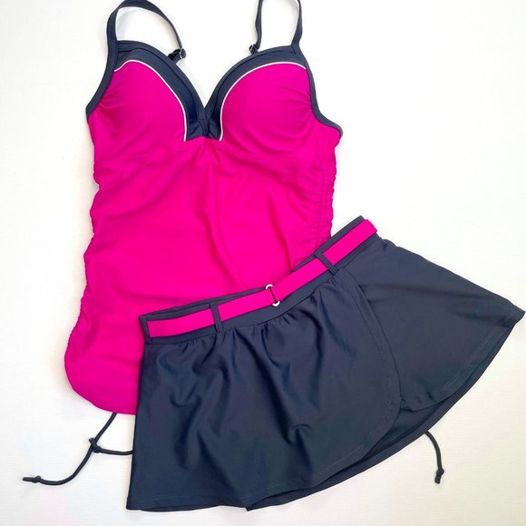 Free Country Pink & Gray skirted pink belt Tankini size S (4/6) cute! - Picture 1 of 7